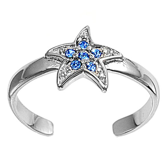 Sterling Silver Wholesale Blue Sapphire CZ Clear CZ Starfish Toe Ring Midi Band