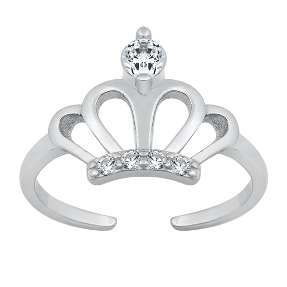 Sterling Silver Unique Clear CZ Crown Toe Ring Adjustable Midi Band 925 New