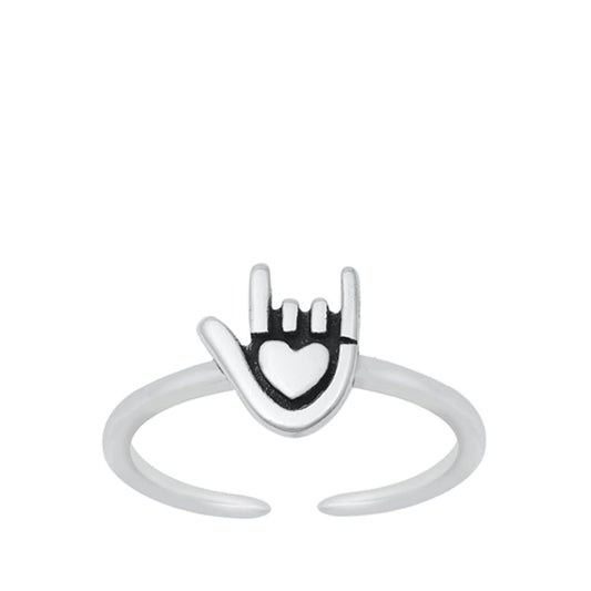 Sterling Silver Unique I Love You Hand Heart Sign Ring Adjustable Midi Band 925