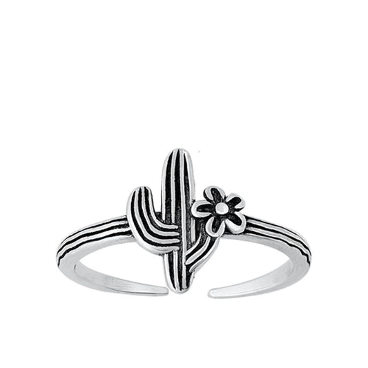 Oxidized Sterling Silver Adjustable Cactus Flower Toe & Midi Plant Ring 925 New