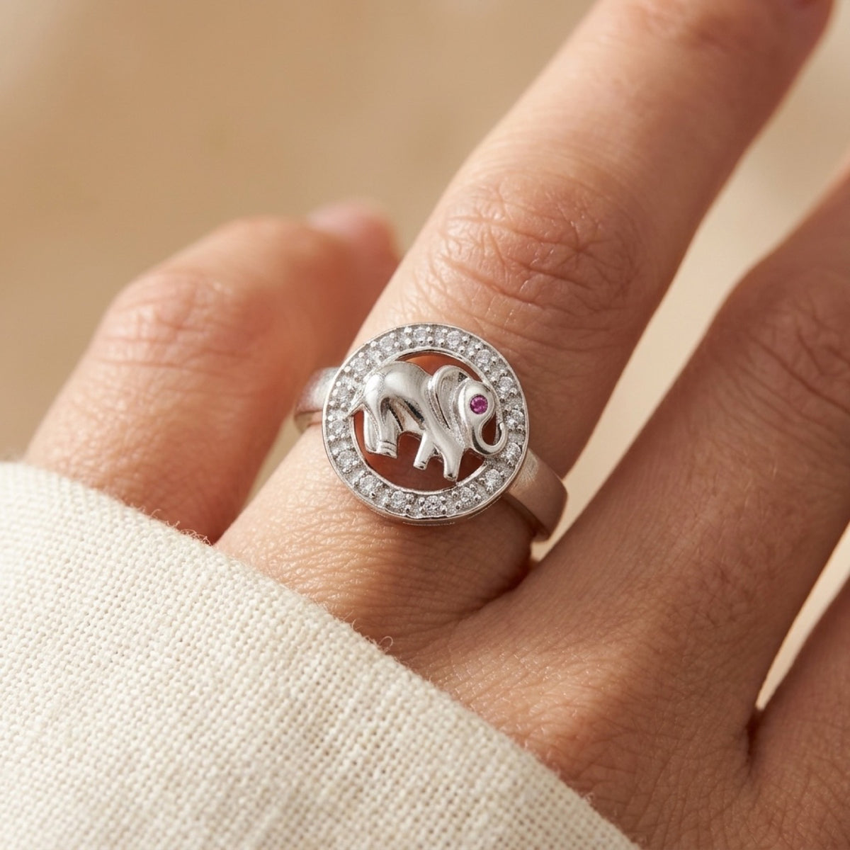 Ruby CZ Animal Elephant Halo Ring worn