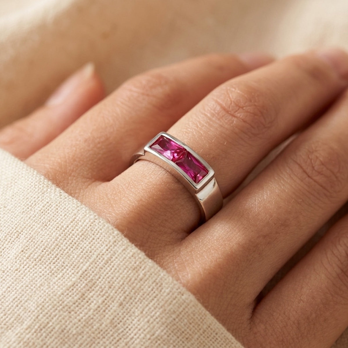 Ruby CZ Rectangle Double Baby Ring worn