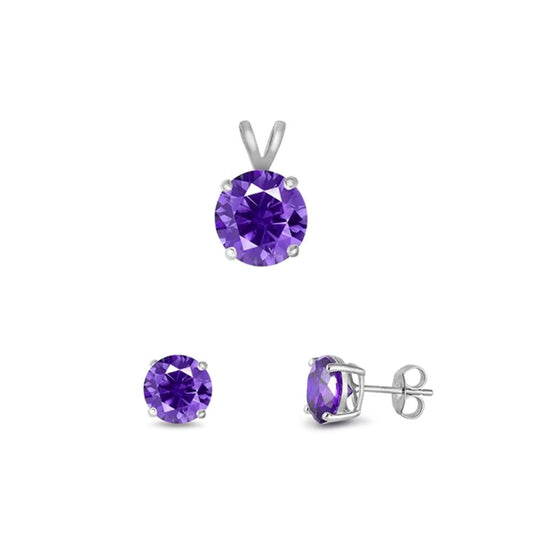 Solitaire Round Simulated Amethyst Pendant Set Purple CZ Earrings (SC811167) – Sterling Silver