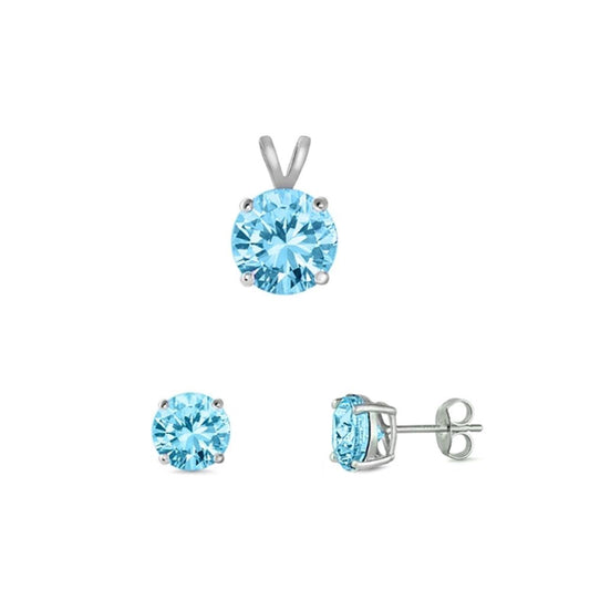 Solitaire Round Simulated Aquamarine Pendant Set Blue CZ Earrings – Sterling Silver