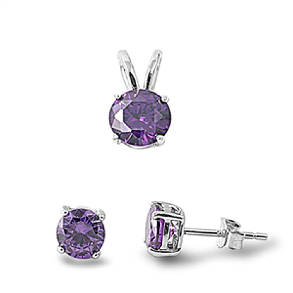Solitaire Round Simulated Amethyst Pendant Set Purple CZ Earrings (SC811215) – Sterling Silver