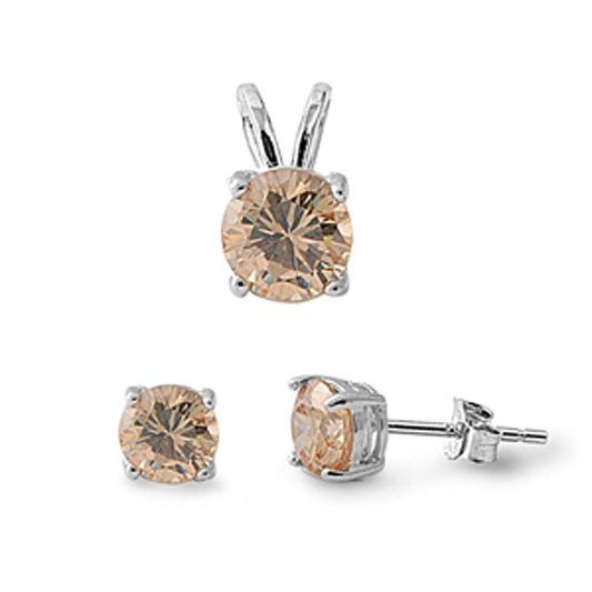 Solitaire Round Simulated Pendant Champagne CZ Earrings – Sterling Silver