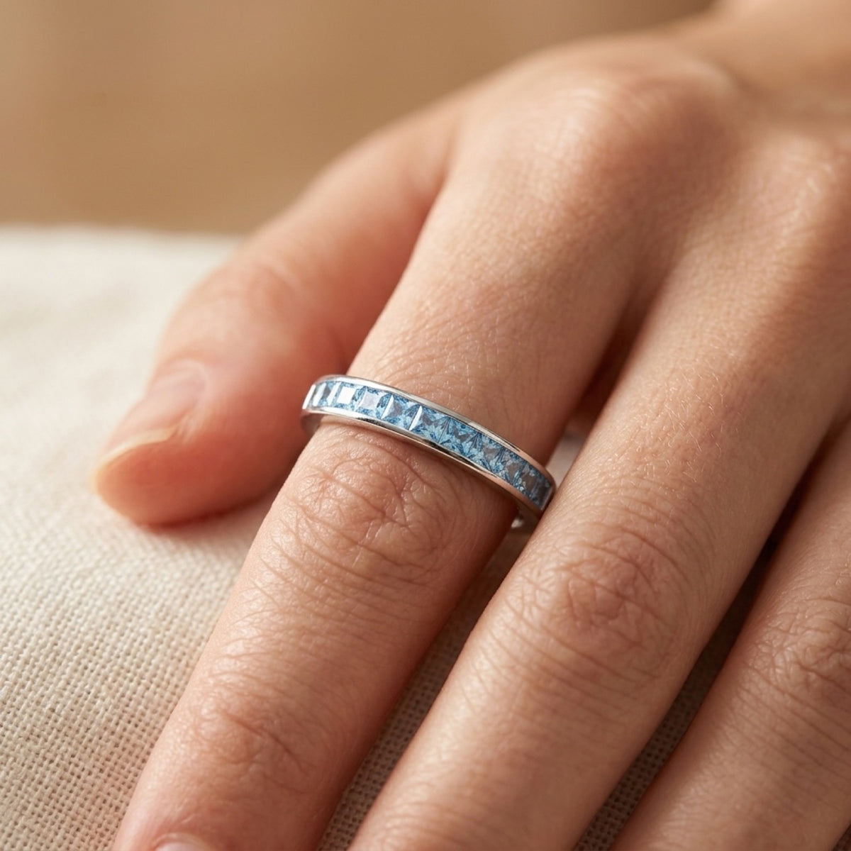 Stackable Aquamarine CZ Classic Ring worn