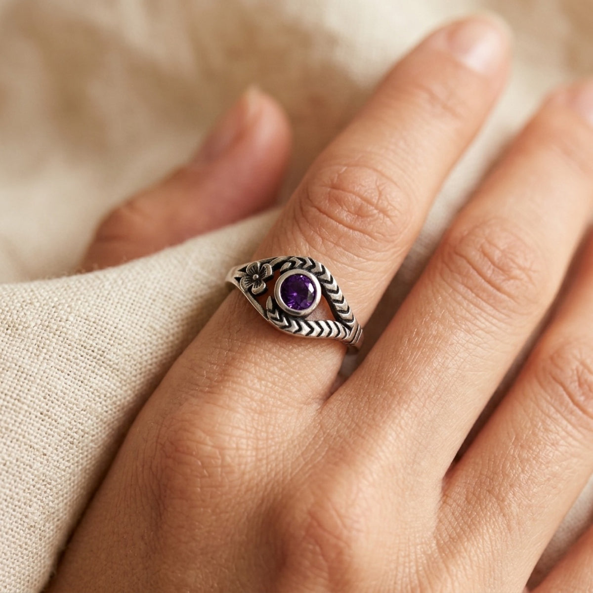Amethyst CZ Flower Ring worn