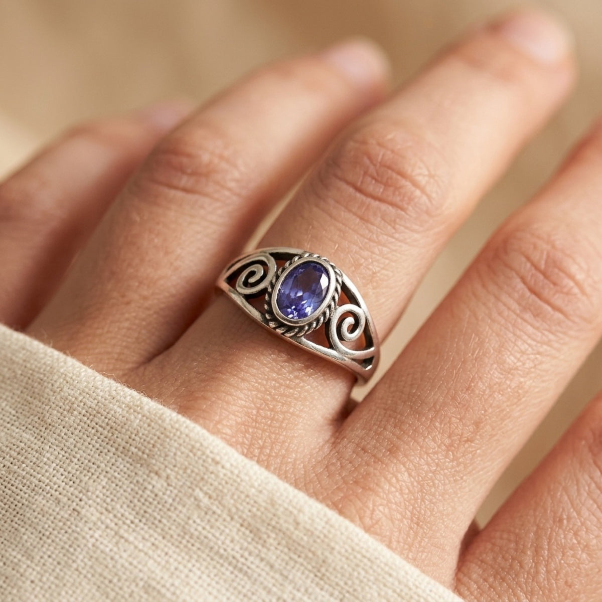 Bali Style With Amethyst CZ & Swirls Ring worn