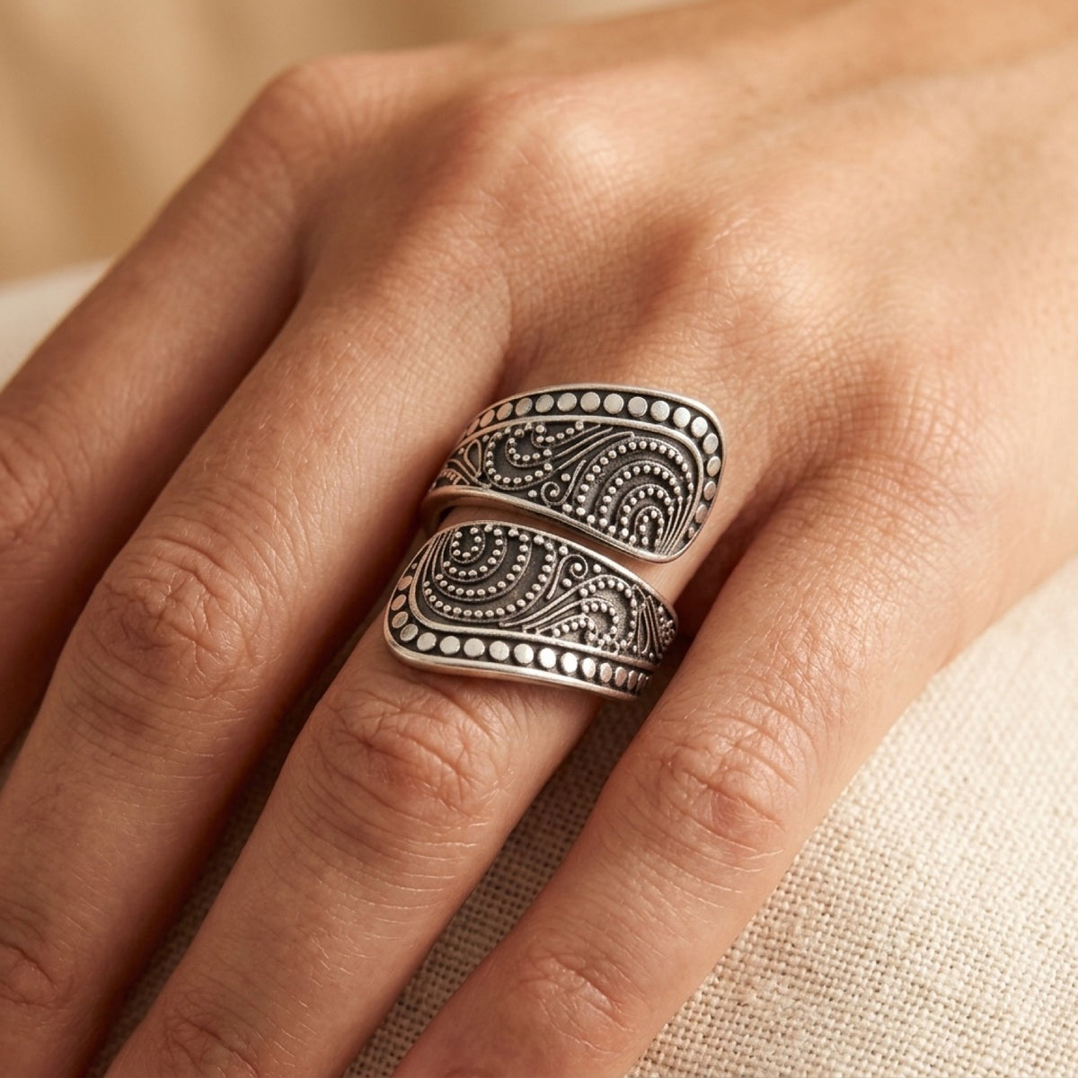 Bali Style Swirled Granulation Spoon Ring worn