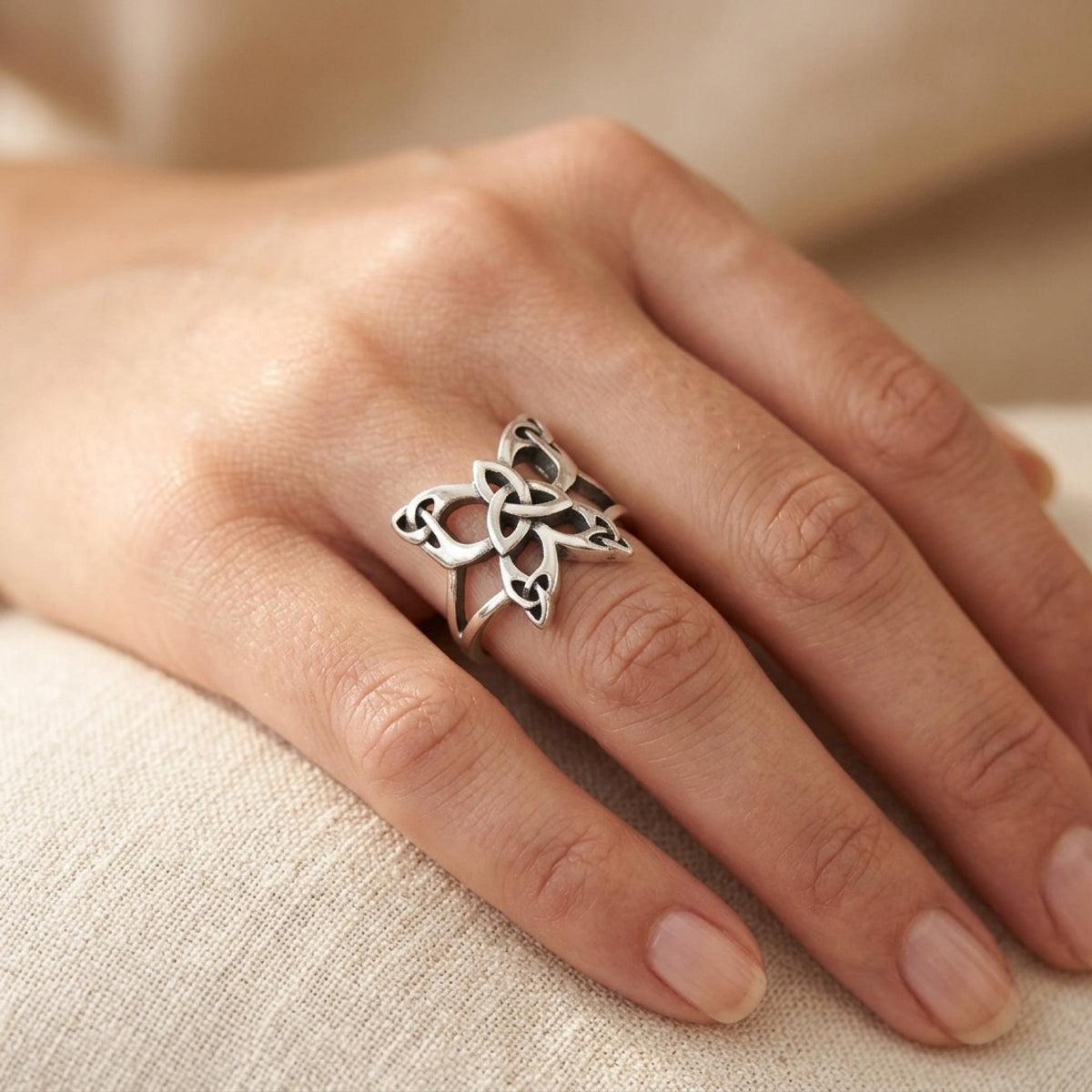 Celtic Butterfly With Multiple Triquetras Ring worn