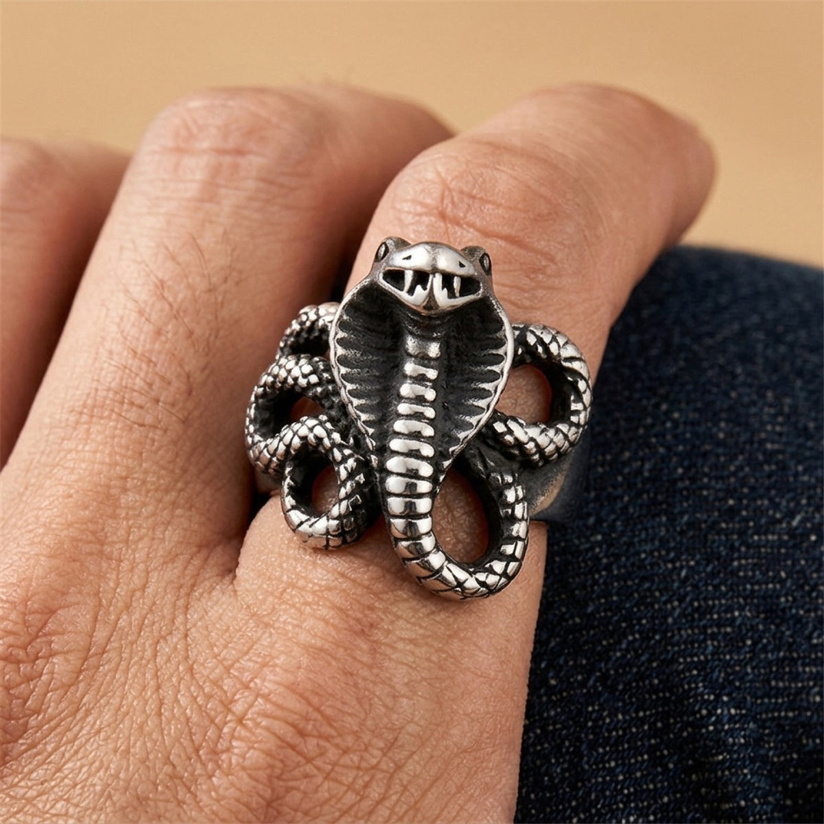 Coiled Cobra Ready To Strike Ring worn