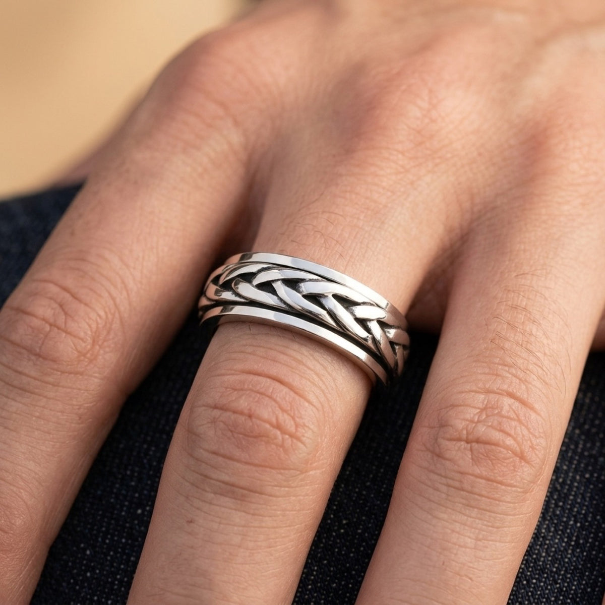 Comfort Fit Spinning Braids Ring worn