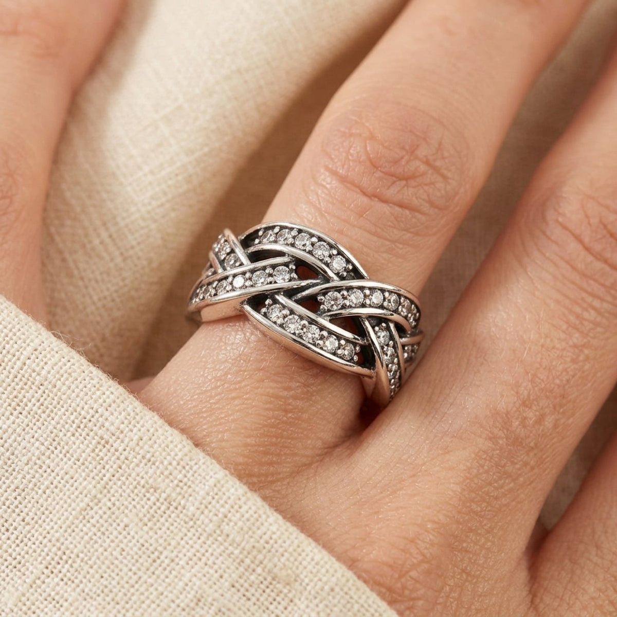 Criss Cross Weave Clear CZ Ring worn