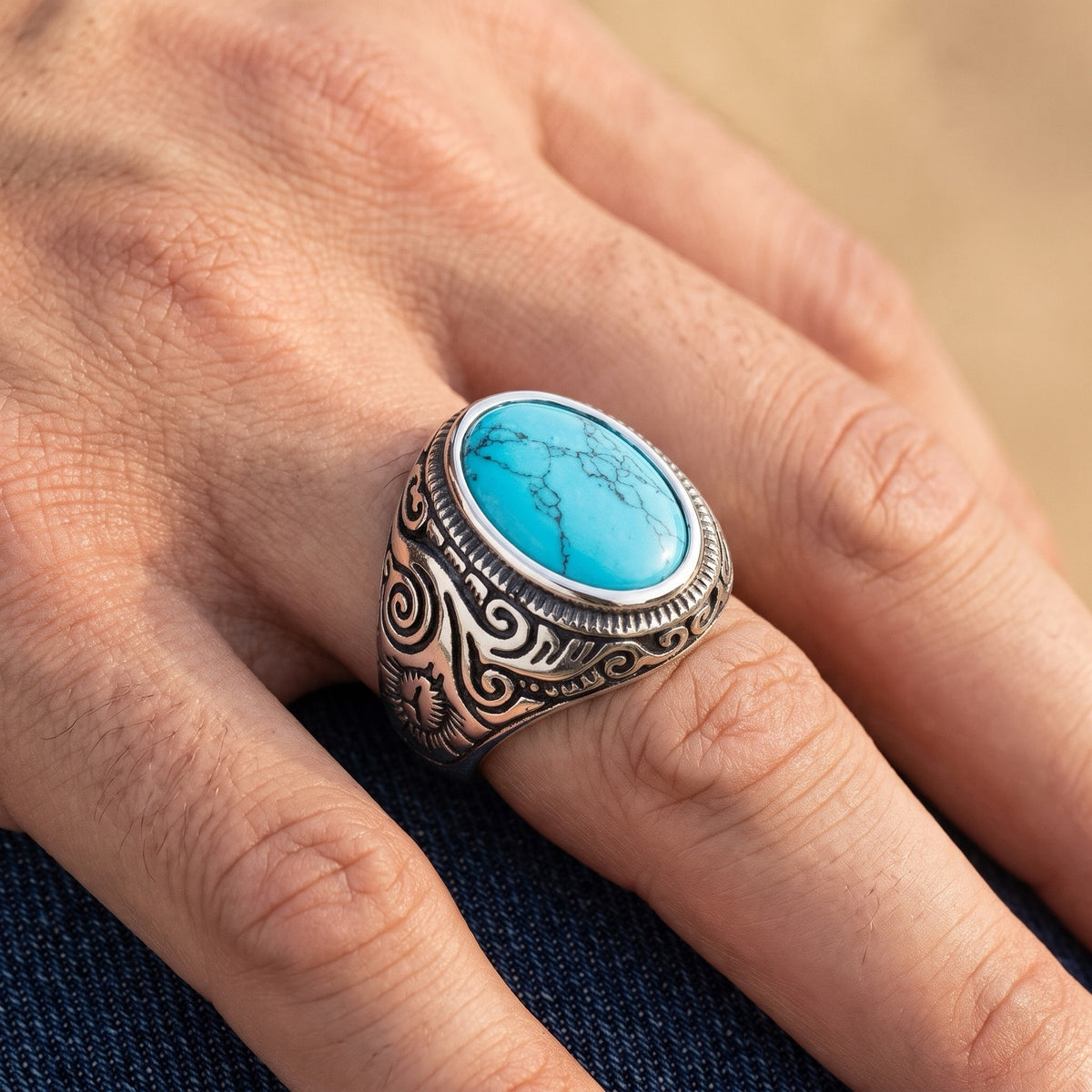 Oval Turquoise Wave Etch Oxidized Large Ring worn