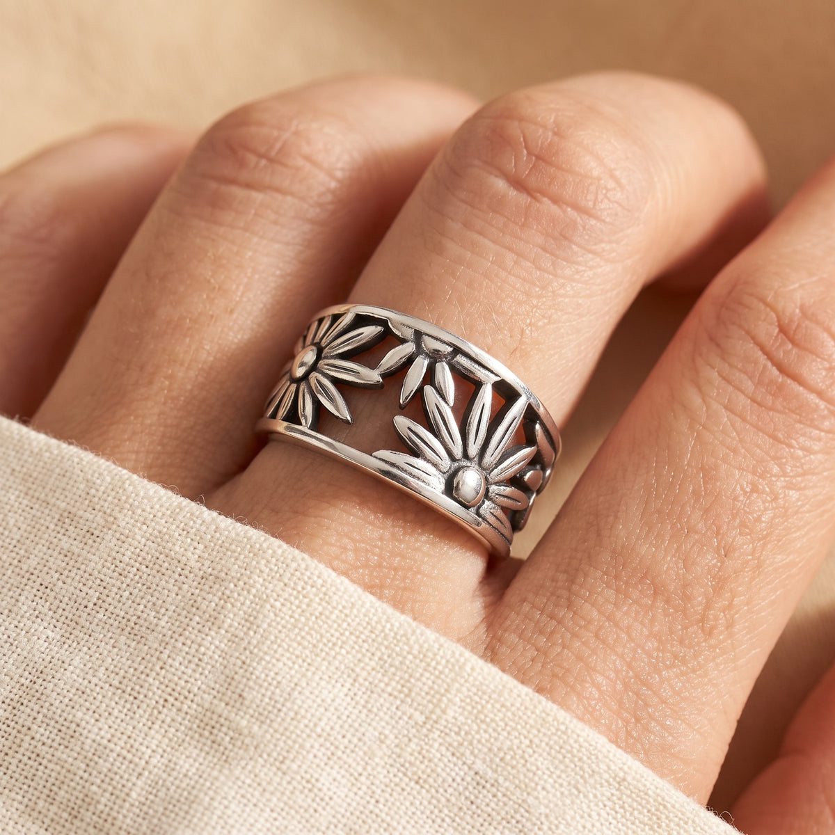 Oxidized Filigree Flower Bouquet Daisy Garden Ring worn