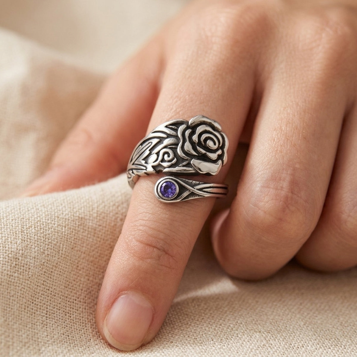 Rose Spoon With Amethyst CZ Ring worn
