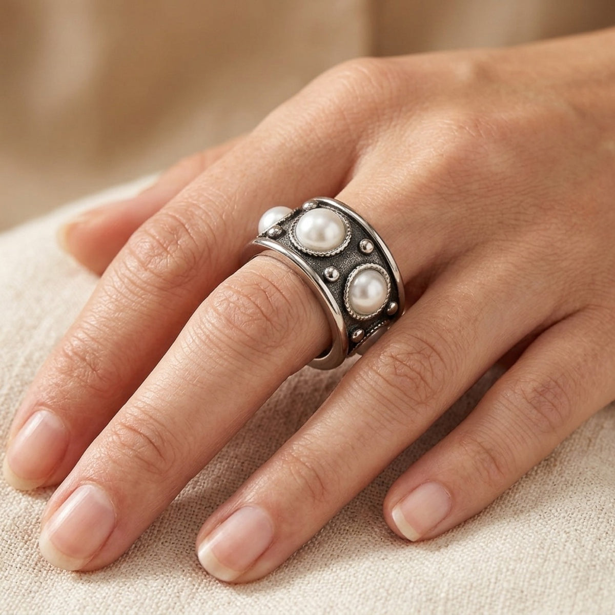 Simulated Pearl Bead Eternity Ring worn