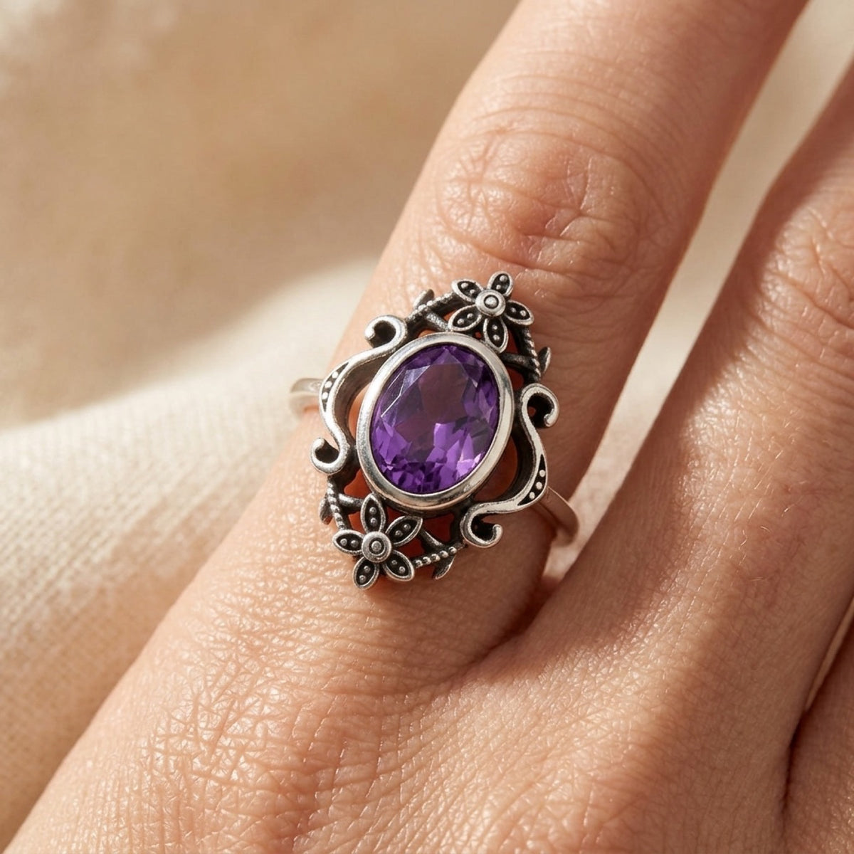 Wide Amethyst CZ Flower Bouquet Filigree Ring worn