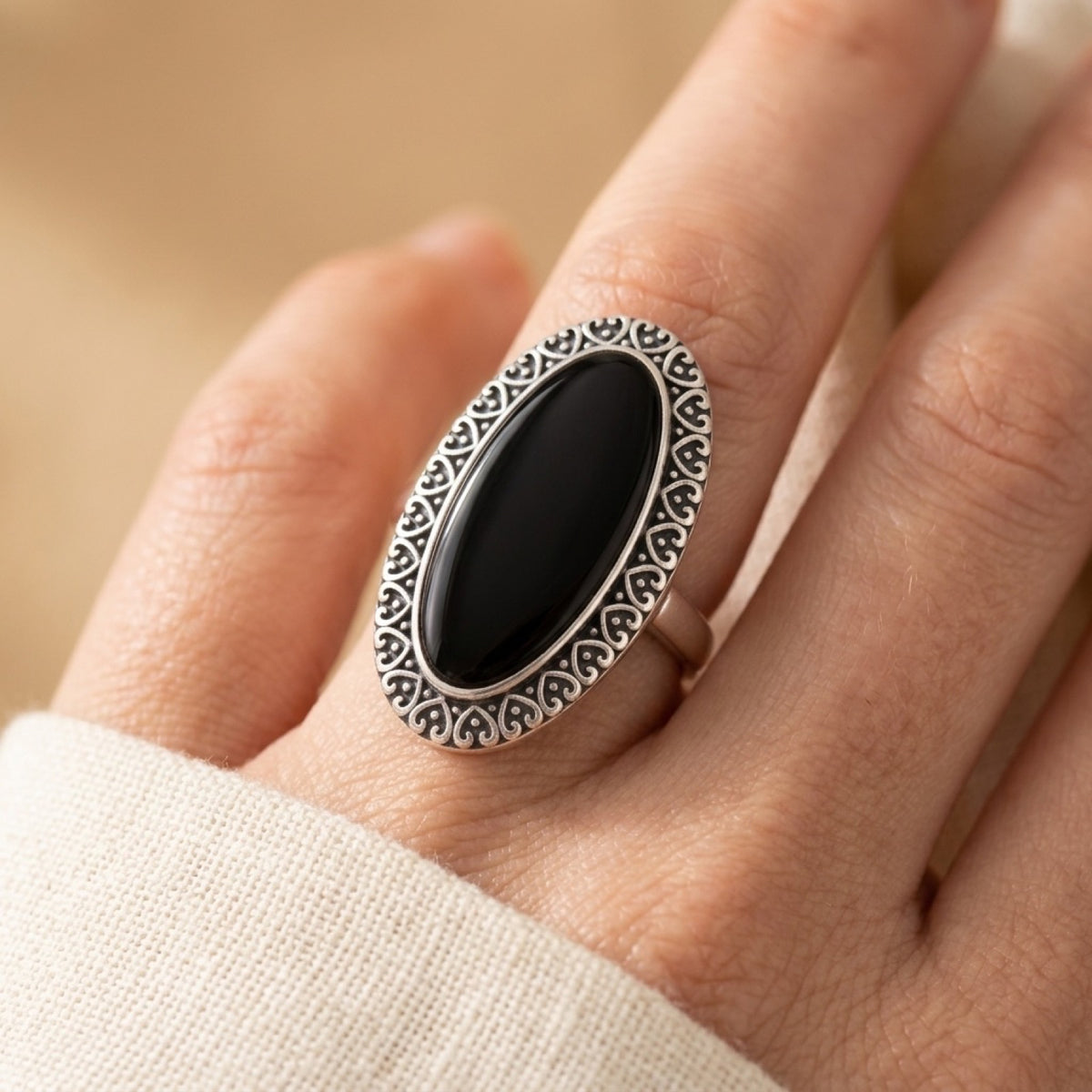 Black Agate Heart Cocktail Ring worn