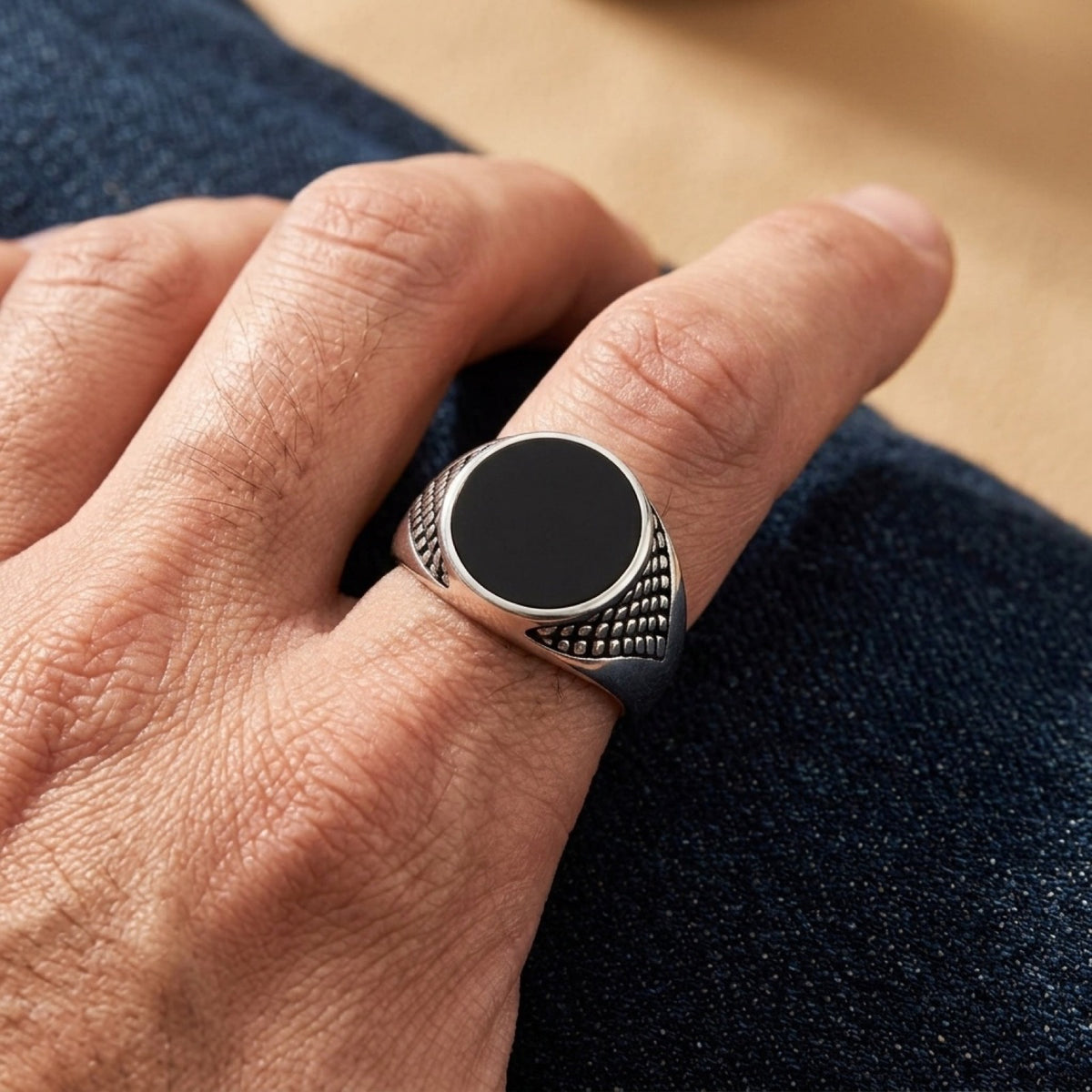 Black Agate Signet Ring worn