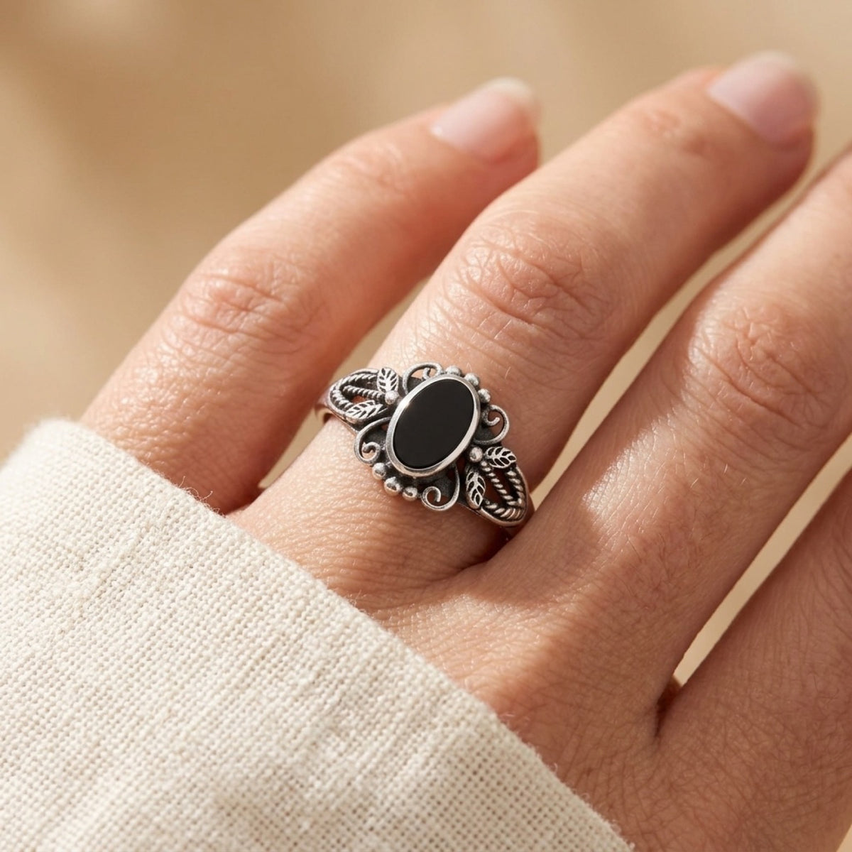 Black Onyx Bali Ring worn