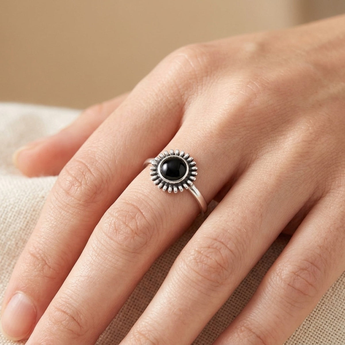 Black Onyx Sun Flower Ring worn