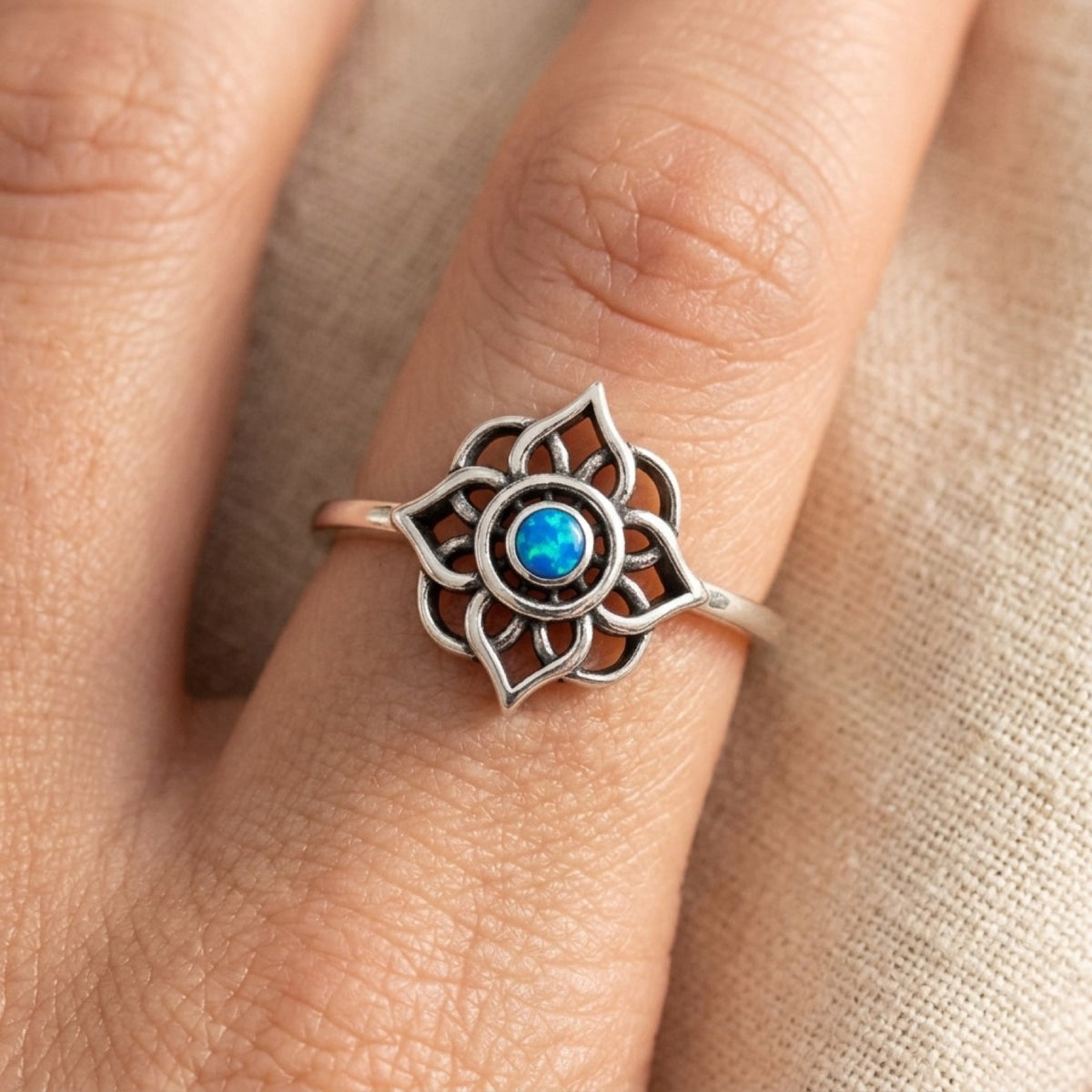 Blue Lab Opal Mandala Lotus Ring worn
