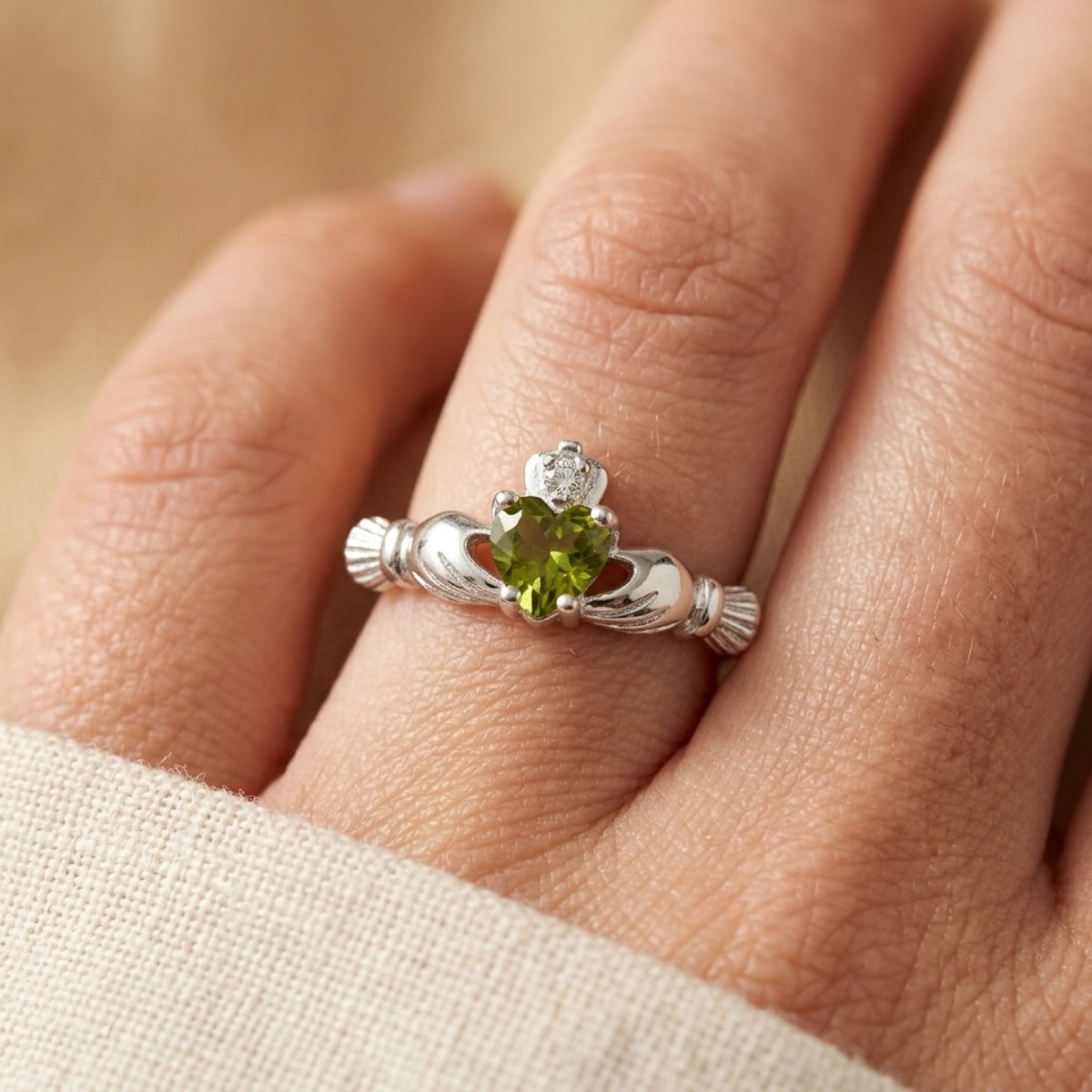 Claddagh Peridot CZ Ring worn