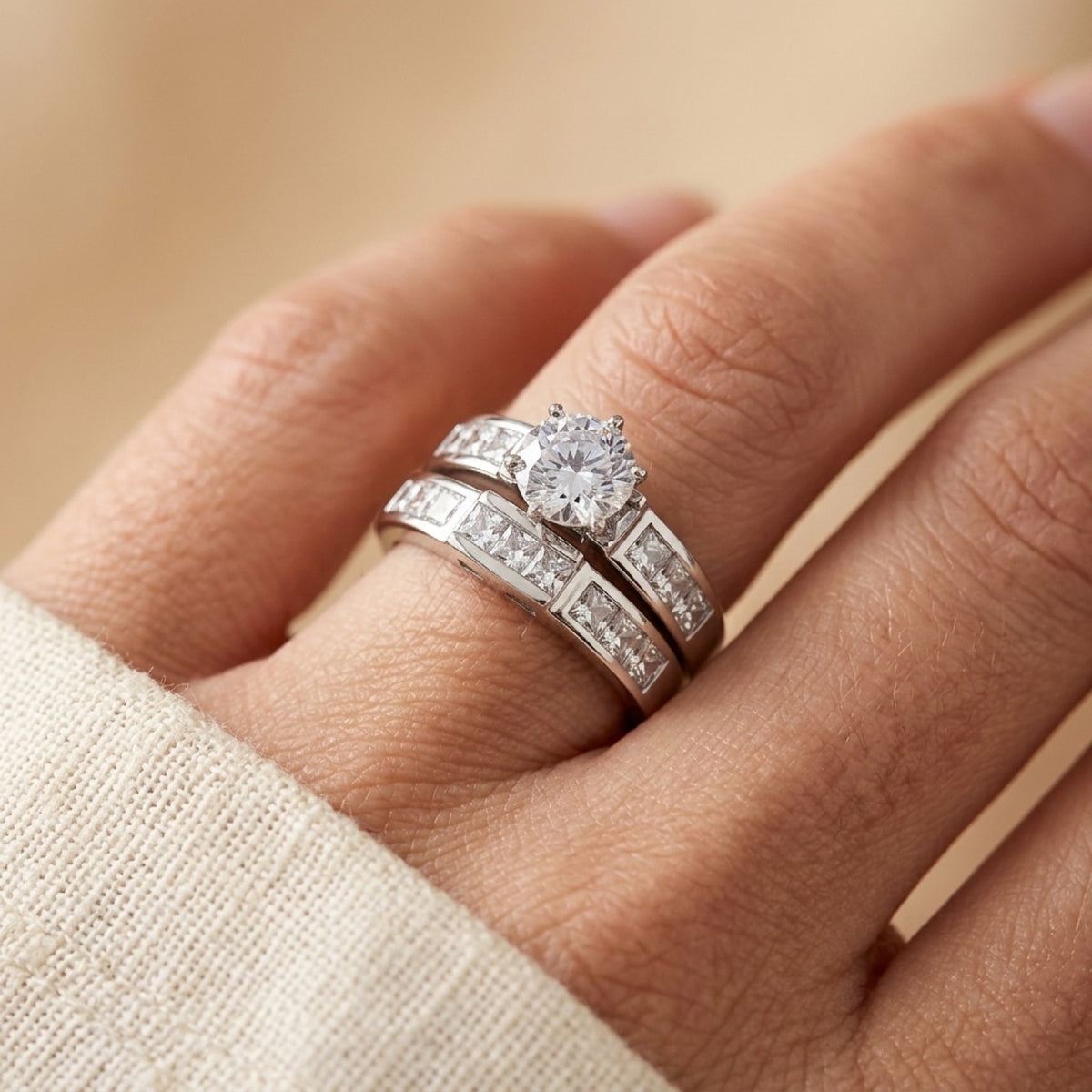 Engagement Wedding Bridal Set Clear CZ Ring worn