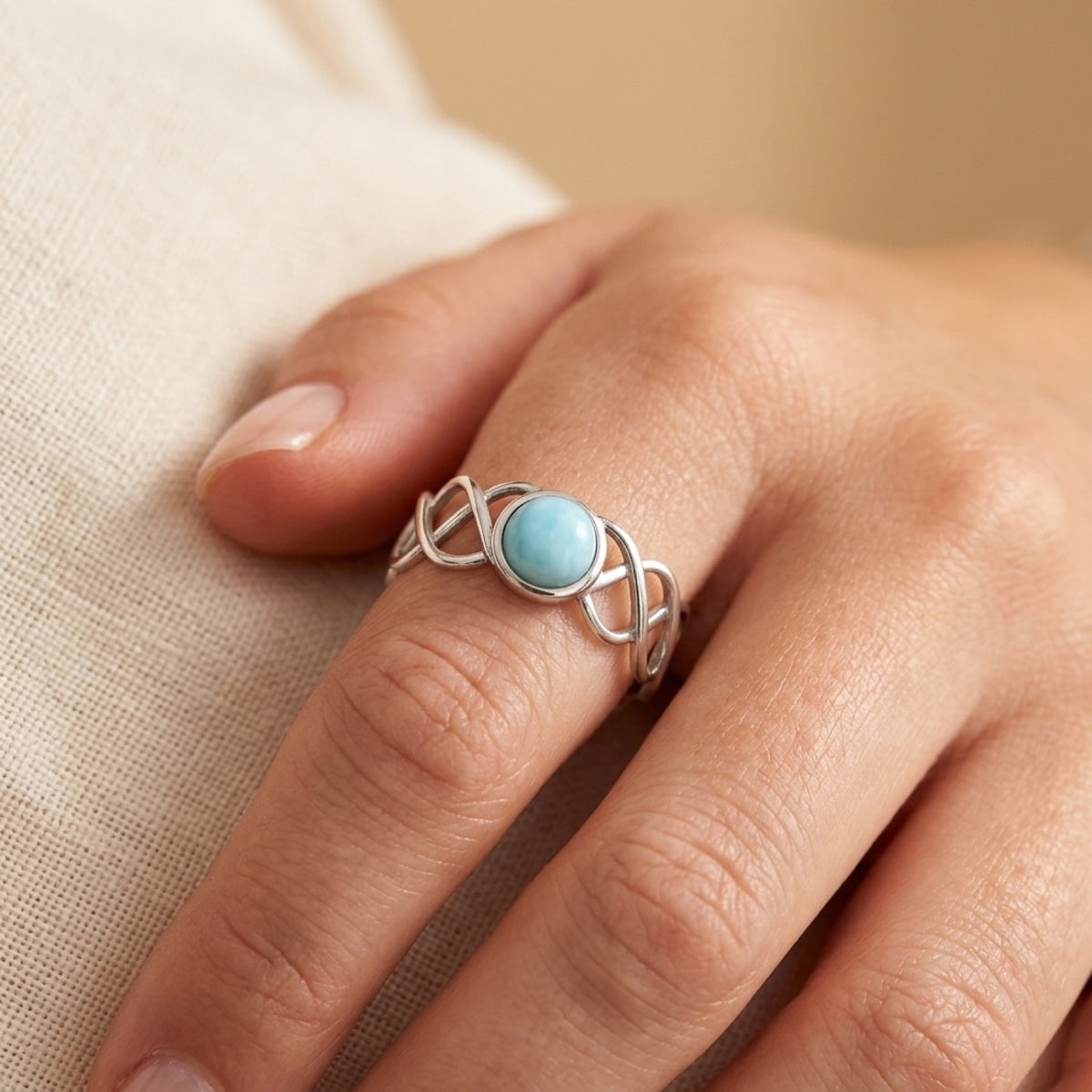 Larimar Criss Cross Ring worn
