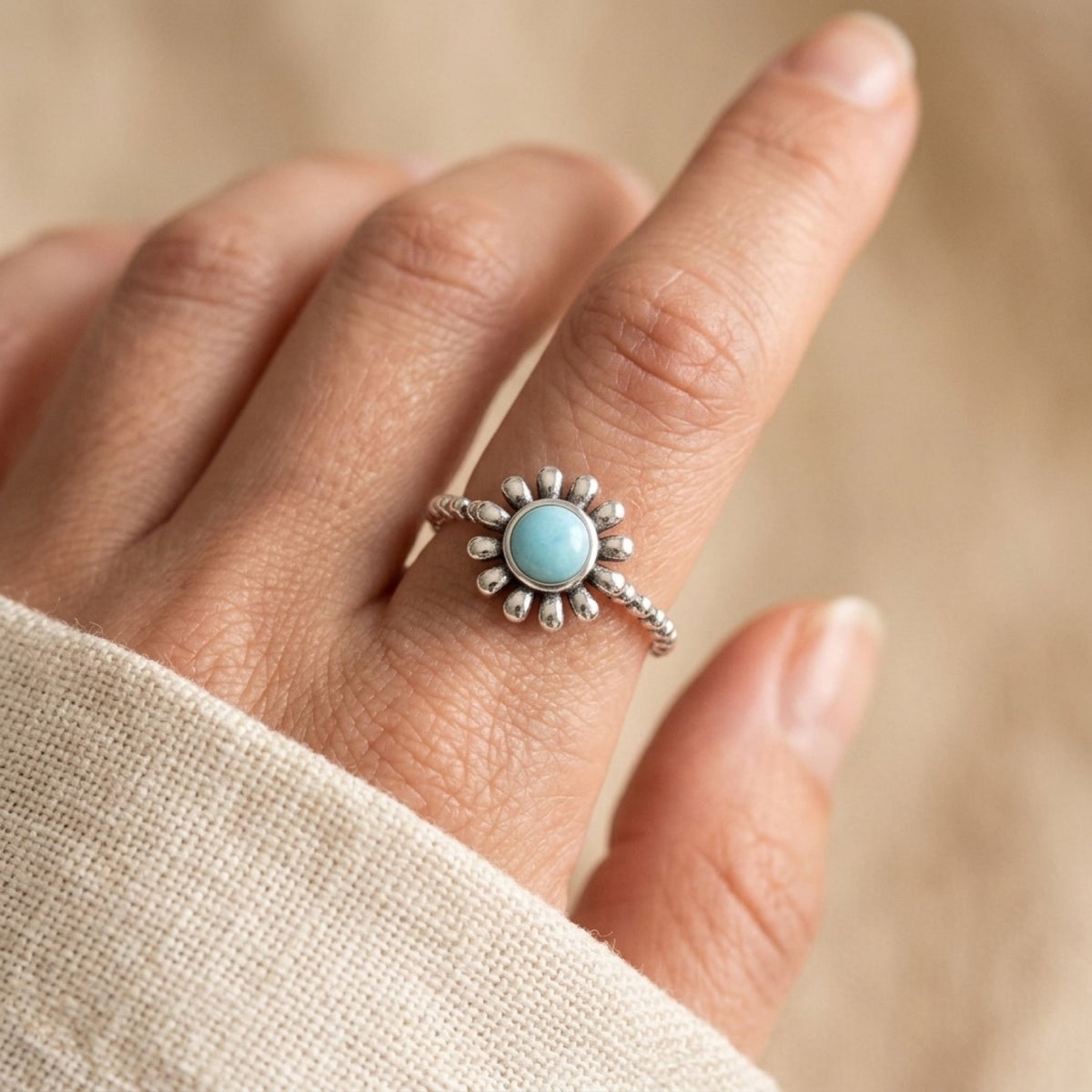 Larimar Daisy Ring worn