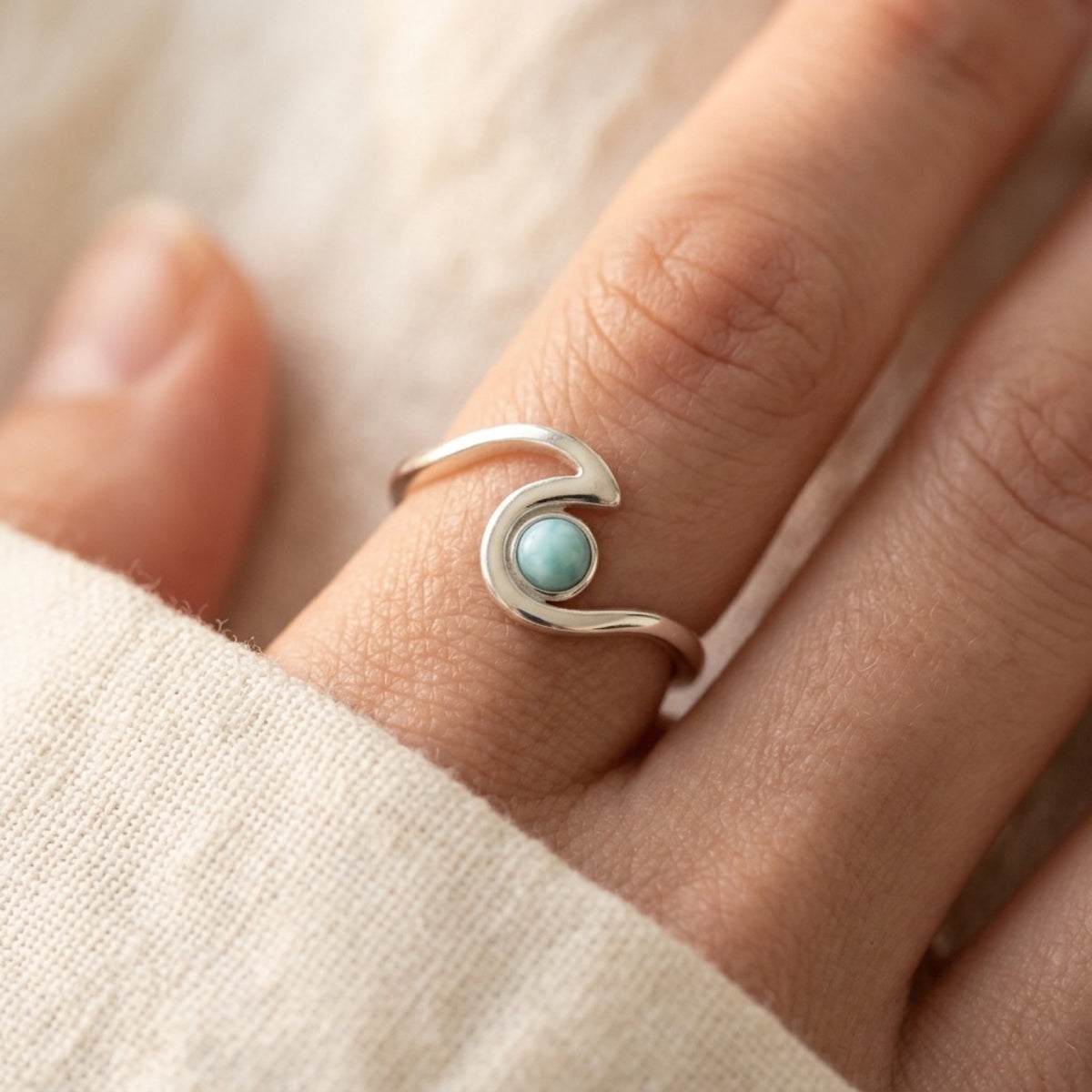 Larimar Wave Ring worn