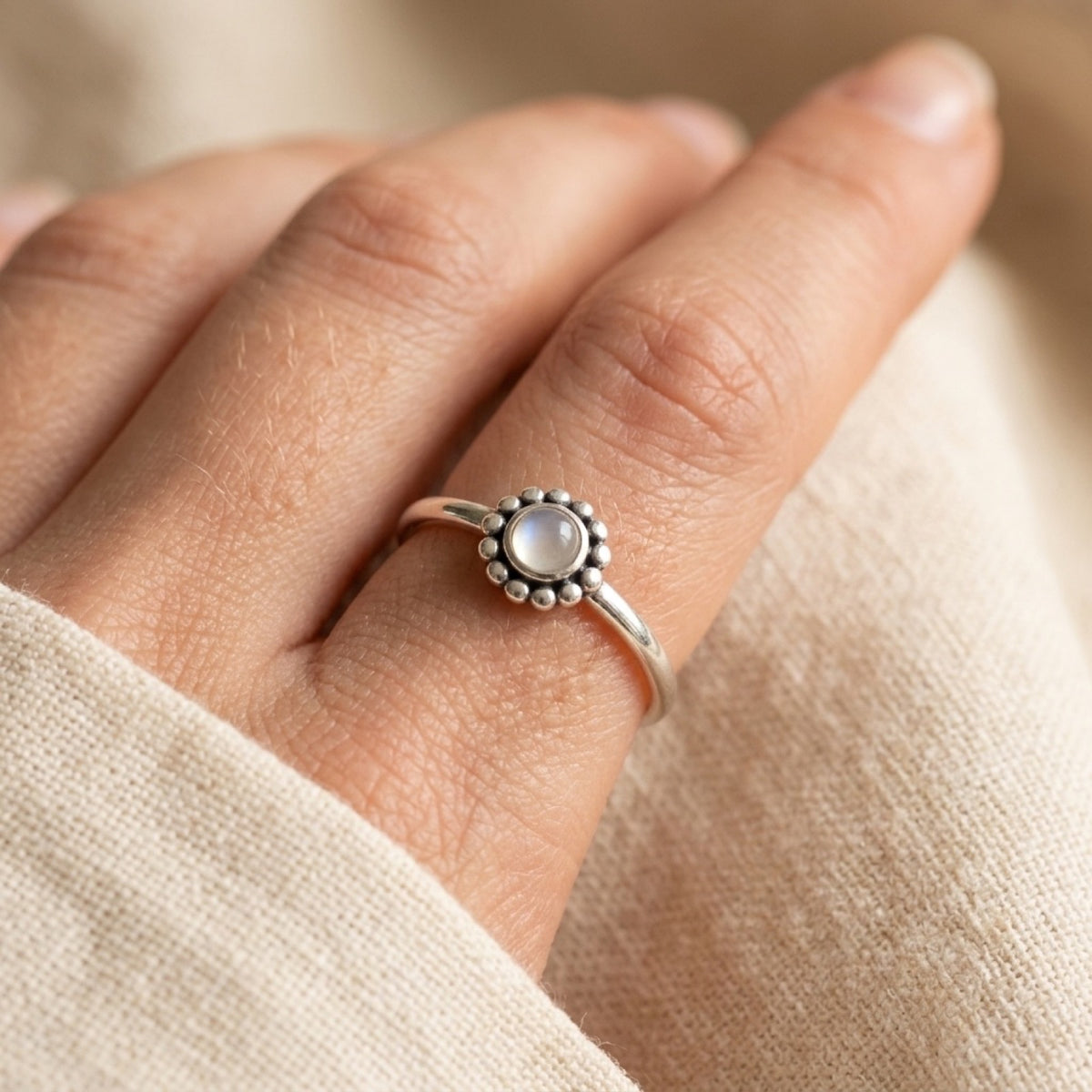Moonstone Bali Flower Ring worn