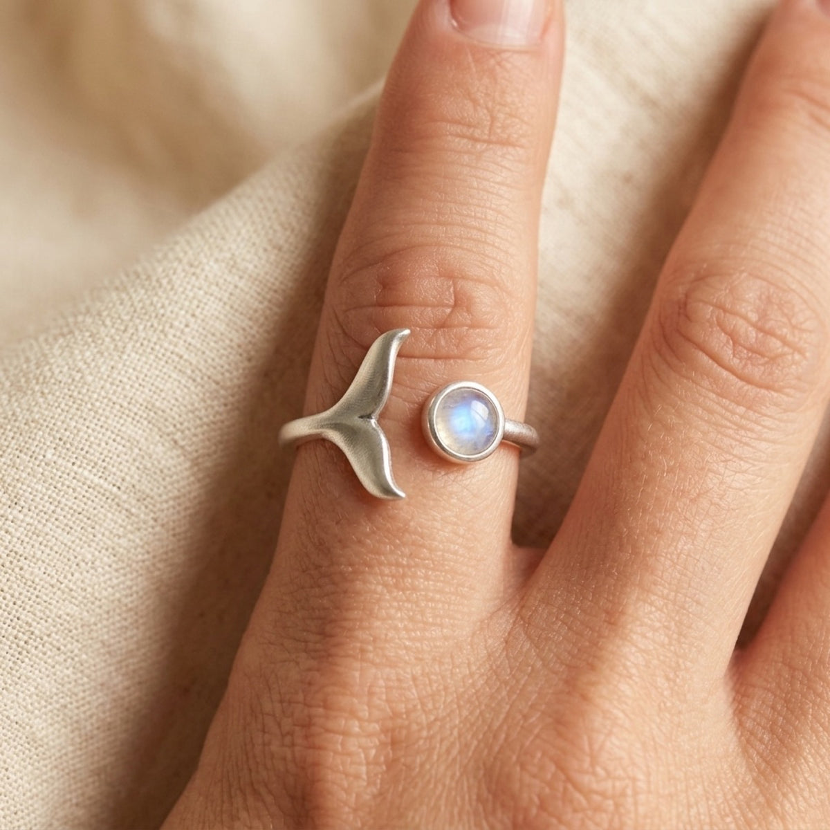 Moonstone Dolphin Ring worn