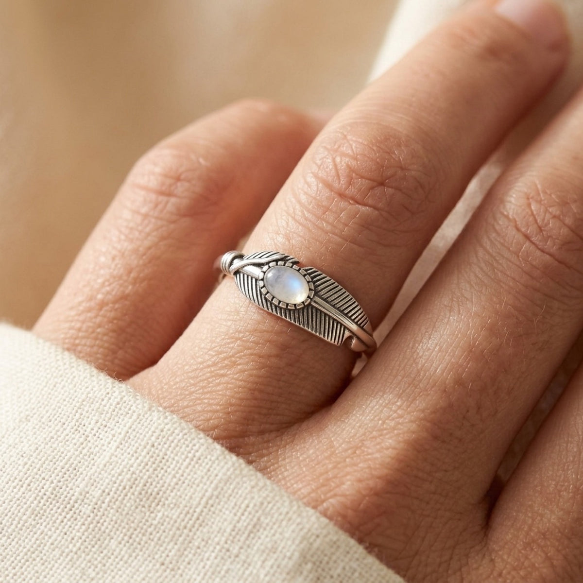Moonstone Feather Ring worn