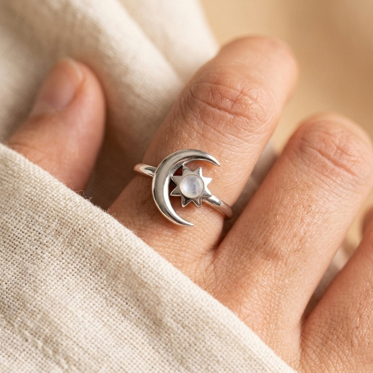Moonstone Moon & Star Ring worn