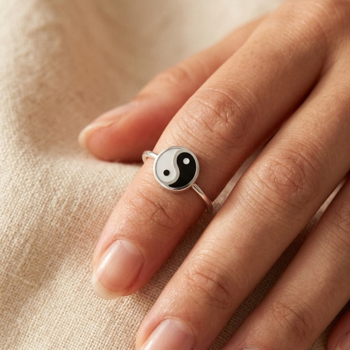 Mother of Pearl Yin & Yang Ring worn