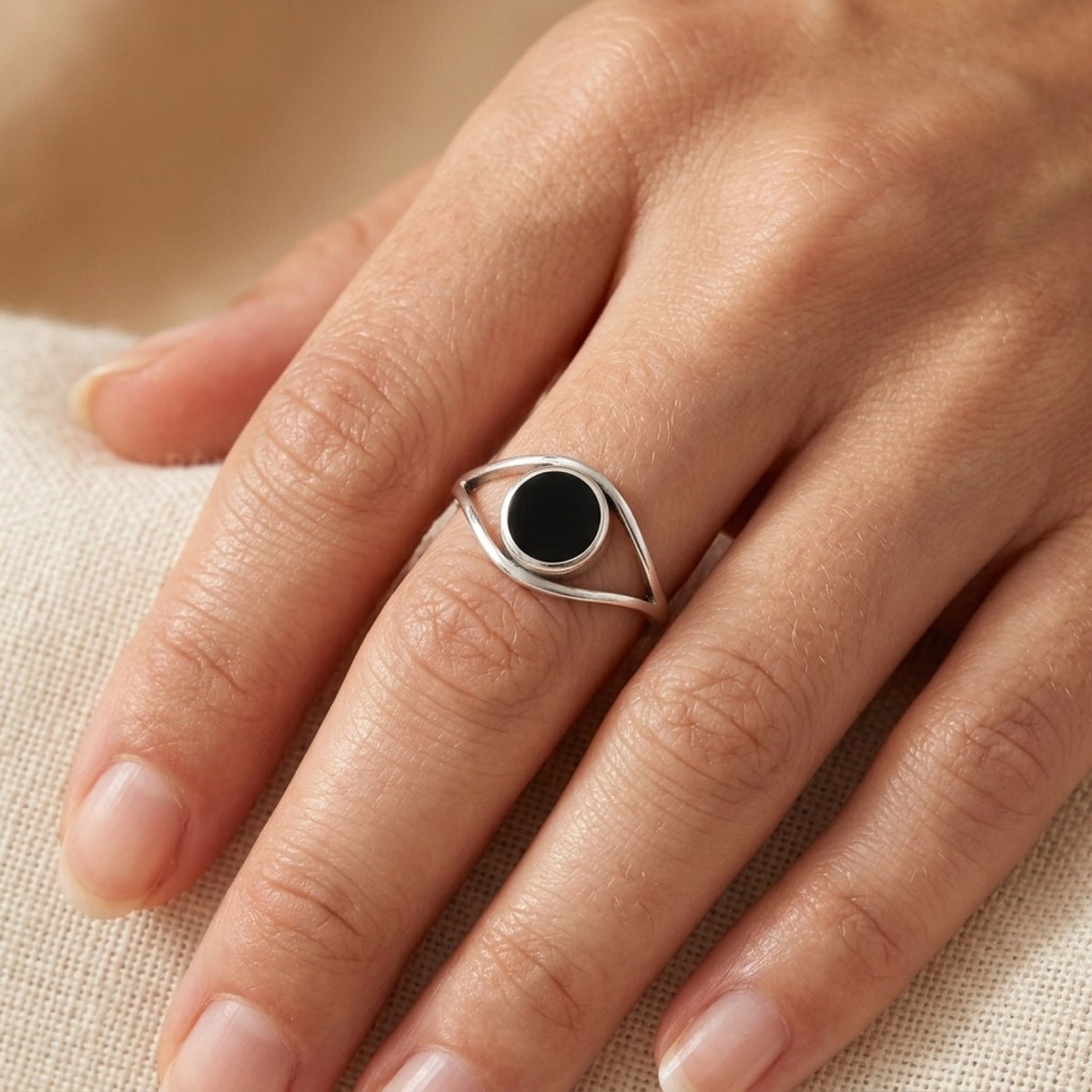 Round Black Onyx Ring worn