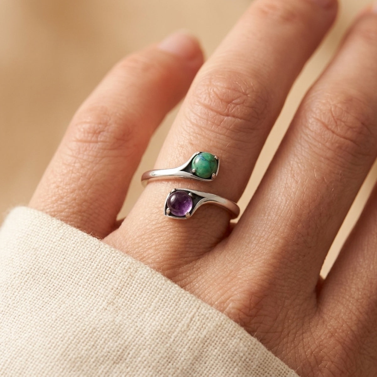 Turquoise & Amethyst Spoon Ring worn