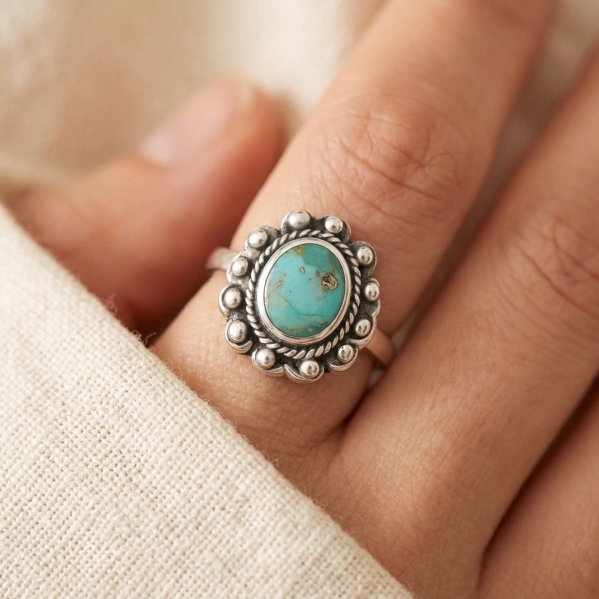 Turquoise Bali Ring worn