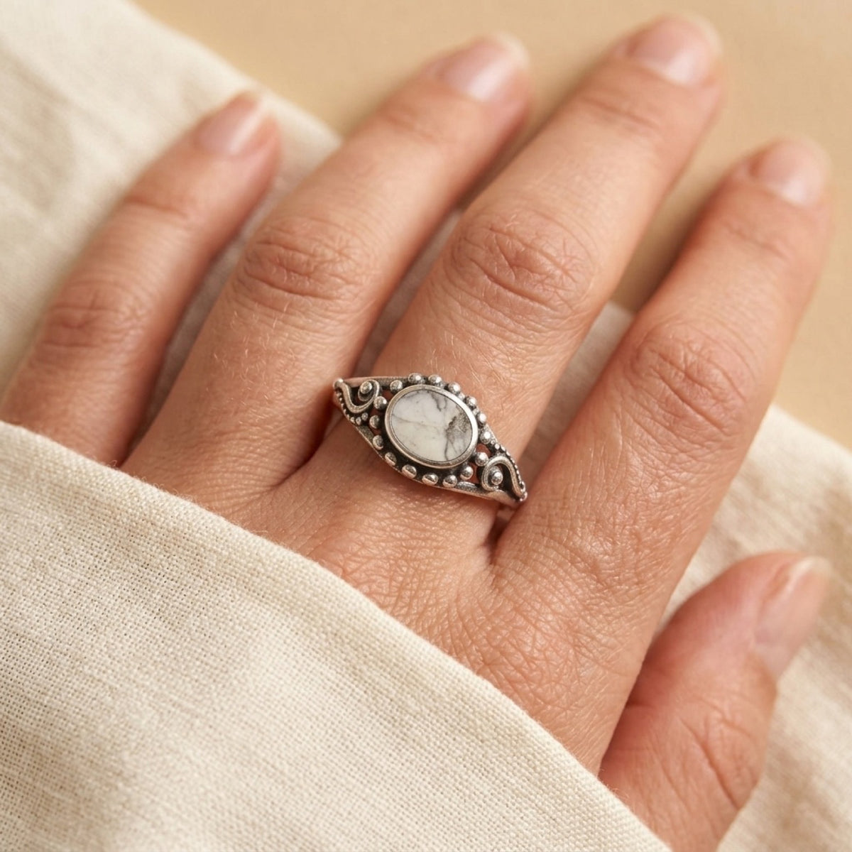 White Buffalo Turquoise Bali Ring worn