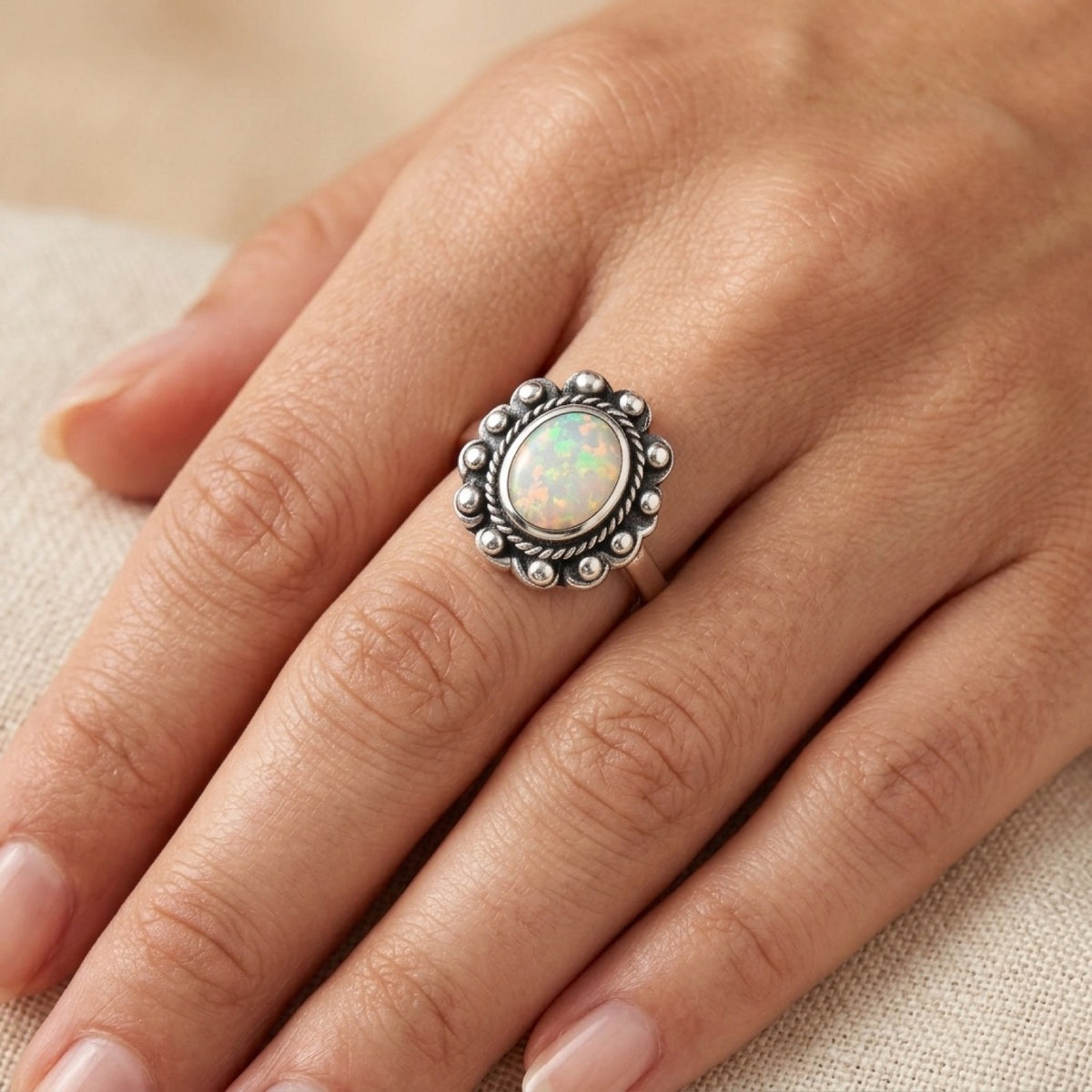 White Lab Opal Bali Ring worn
