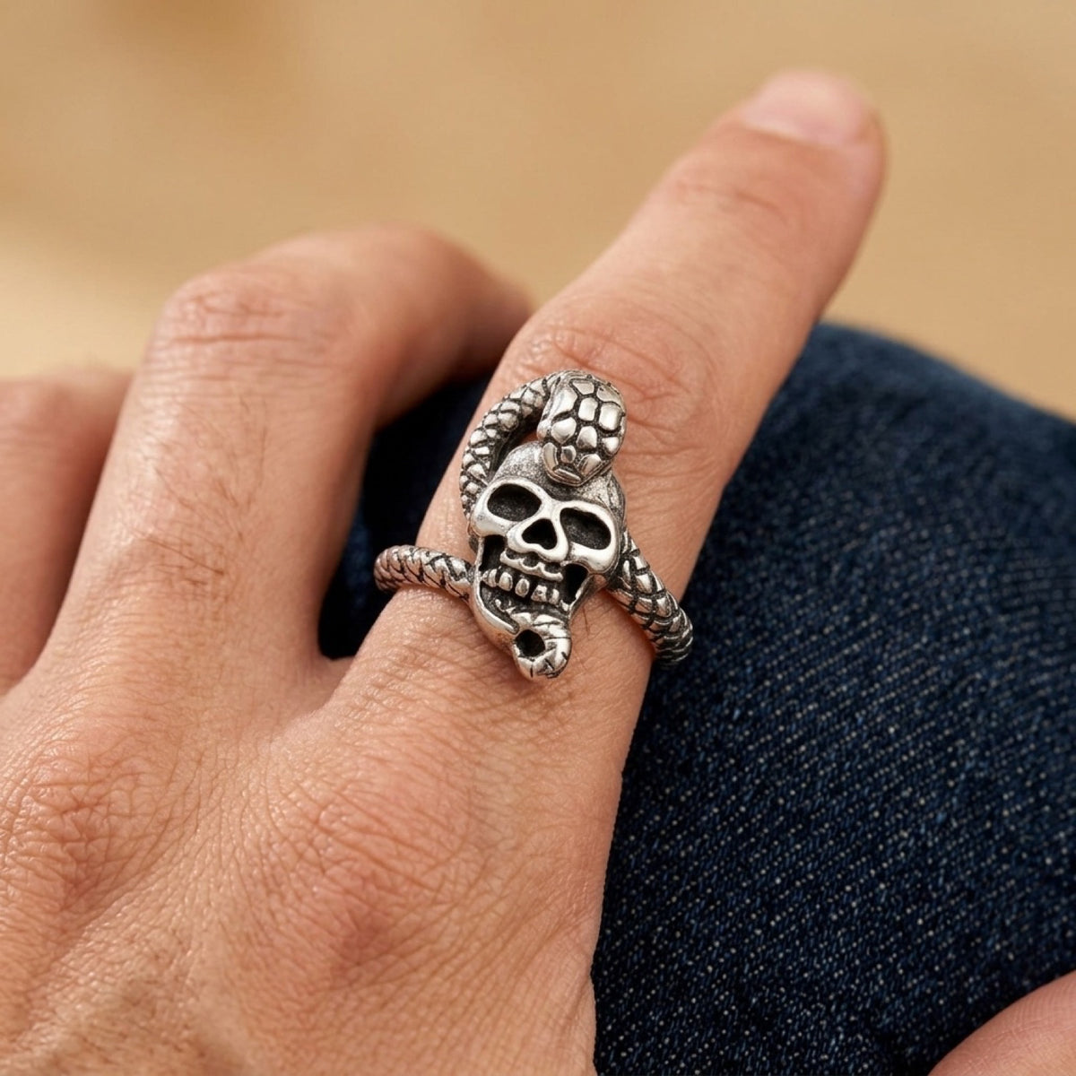 Womans Skull Snake Serpent 9mm Ring worn