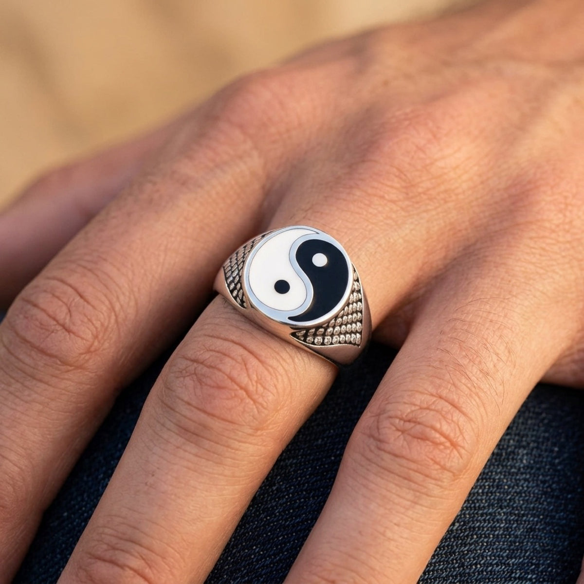 Yin Yang Signet Ring worn