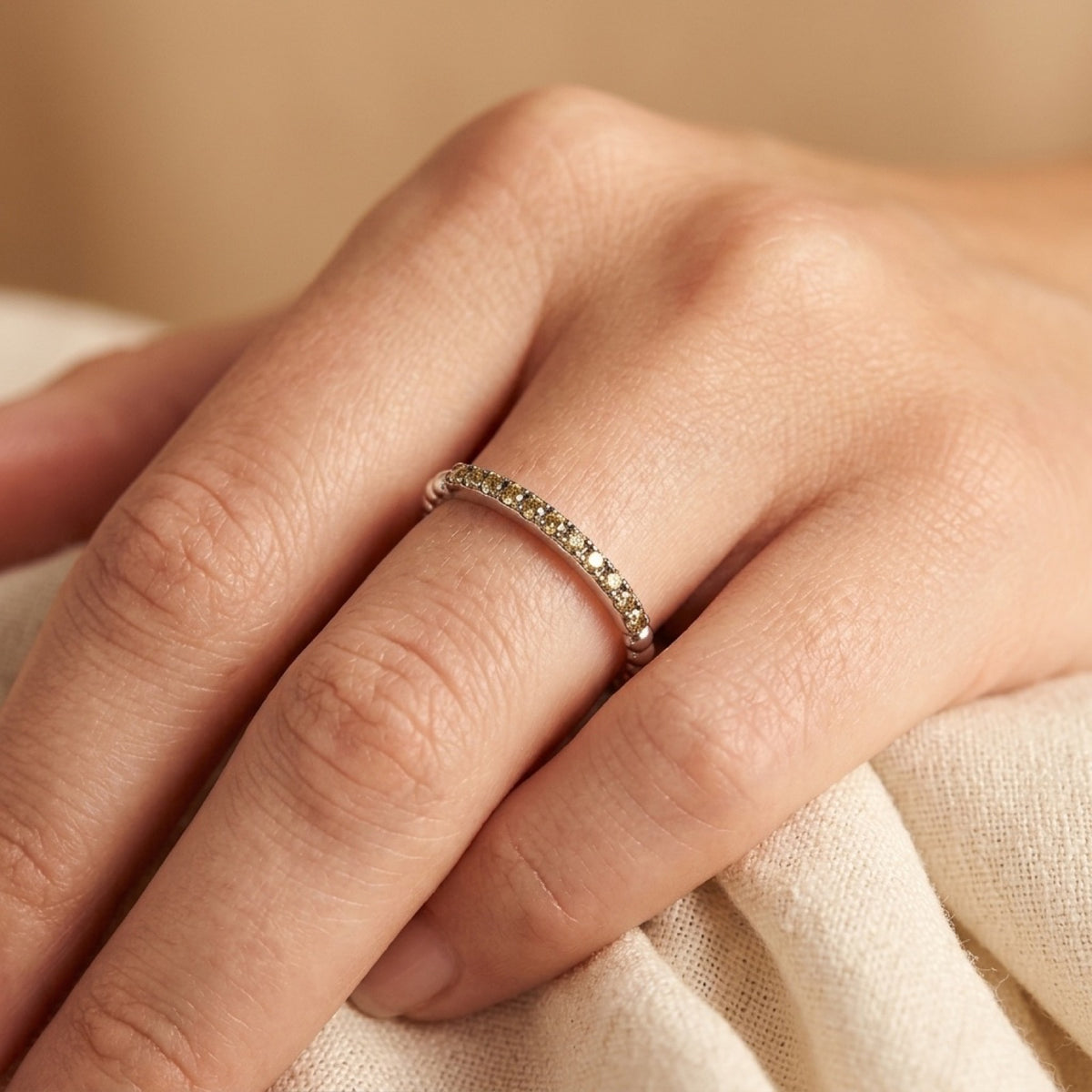 Thin Peridot CZ Nugget Bead Ring worn