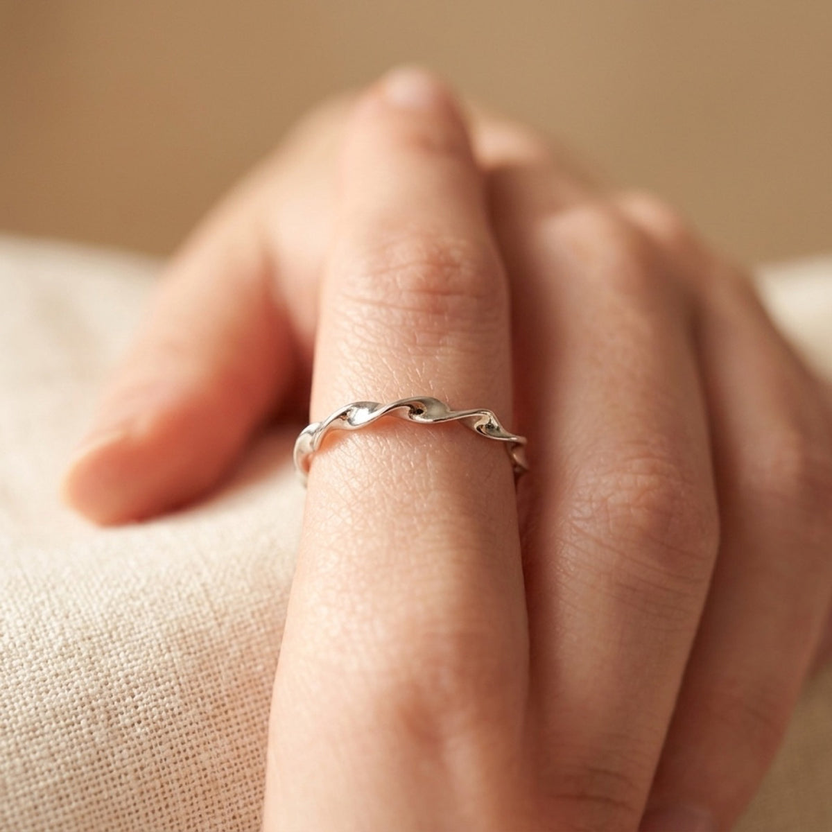 Thin Twisted Wave Stacking Wedding Ring worn