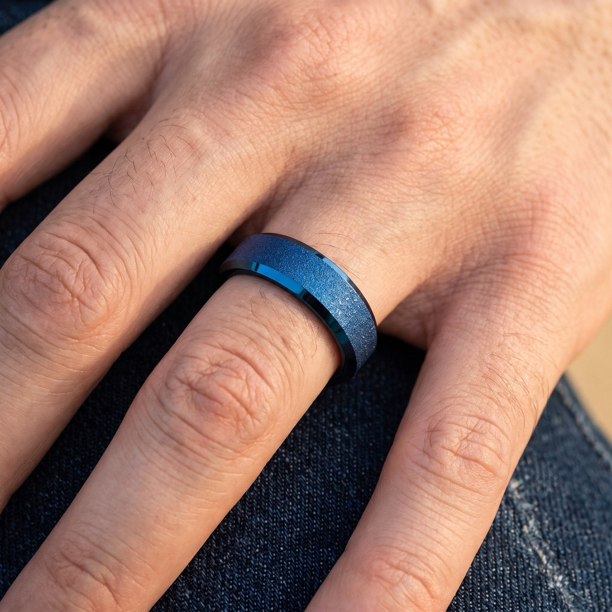 4mm Blue Sandblasted Tungsten Band worn