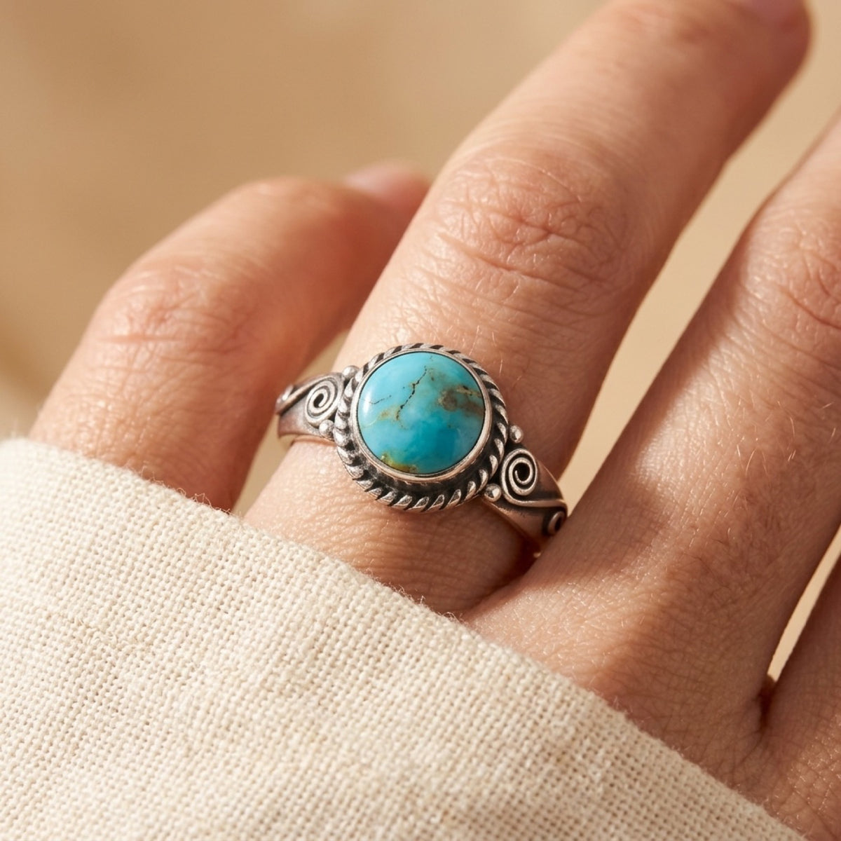 Turquoise Bezel Oxidized Round Rope Halo Ring worn