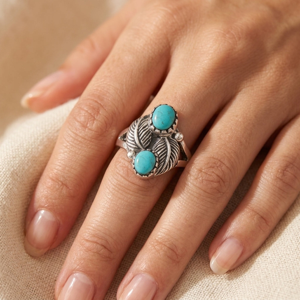 Turquoise Oxidized Leaf Ring worn